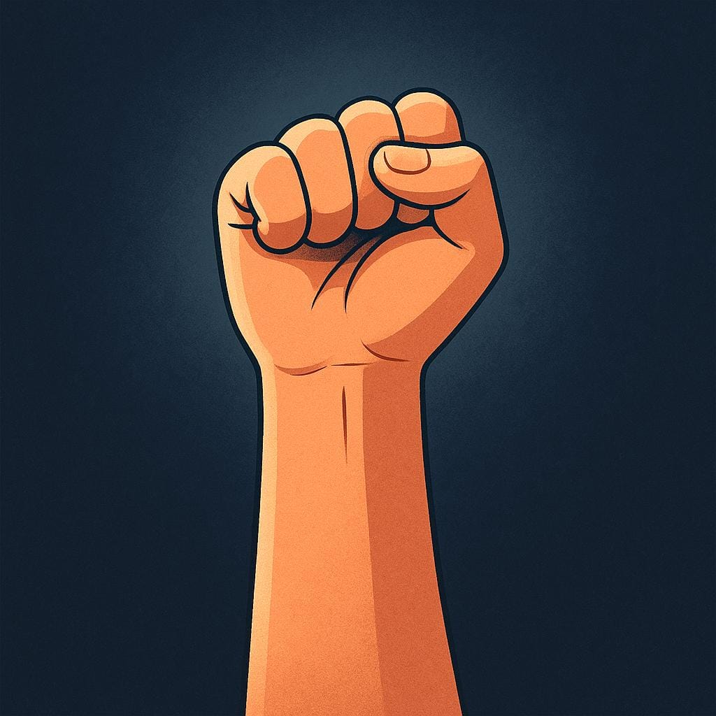 Uma ilustração simples de um punho humano determinado e cerrado erguido no ar contra um fundo escuro, simbolizando desafio e rebelião.