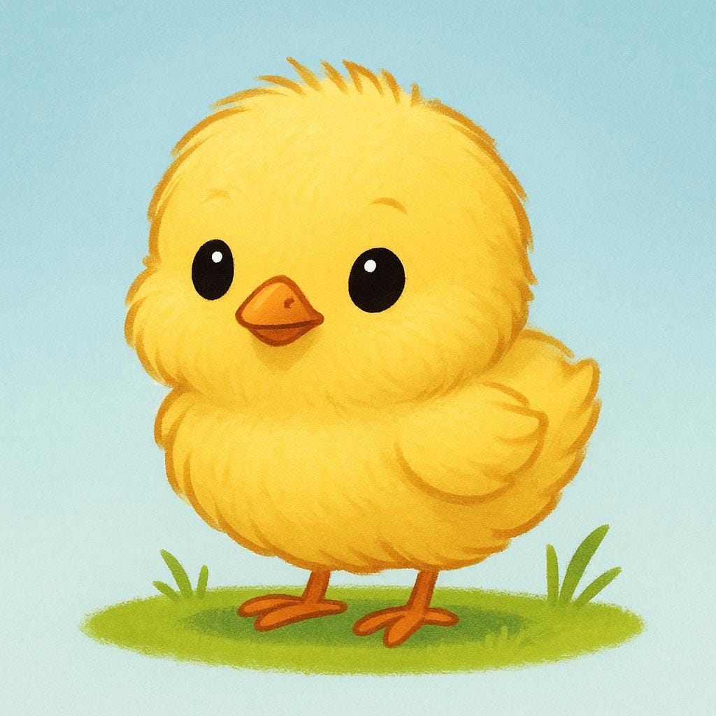 A tiny, fluffy yellow baby chick standing on a patch of bright green grass.