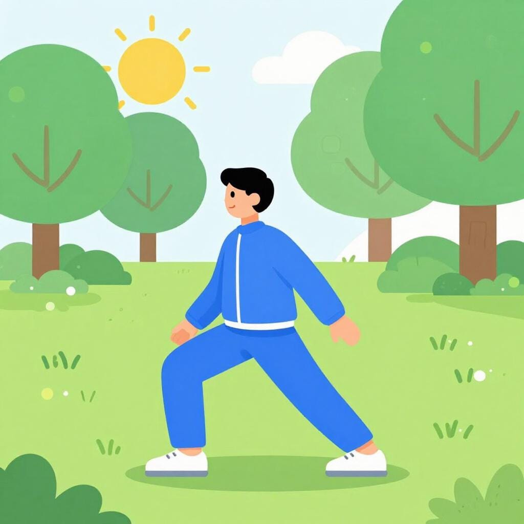 A person in a tracksuit stretching their legs in a bright park.