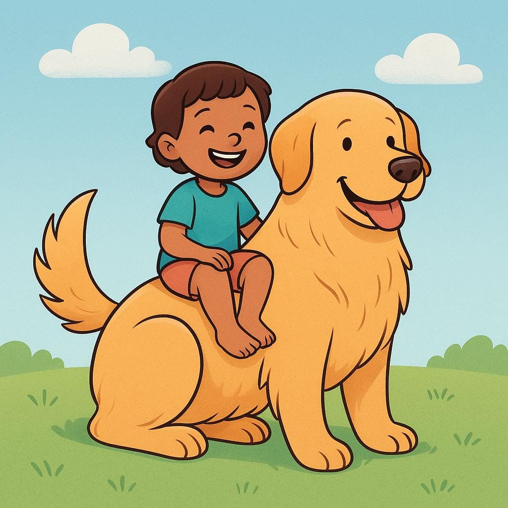 A smiling young child is sitting comfortably and relaxed on the back of a large, gentle golden retriever dog, illustrating familiarity and being accustomed to something.
