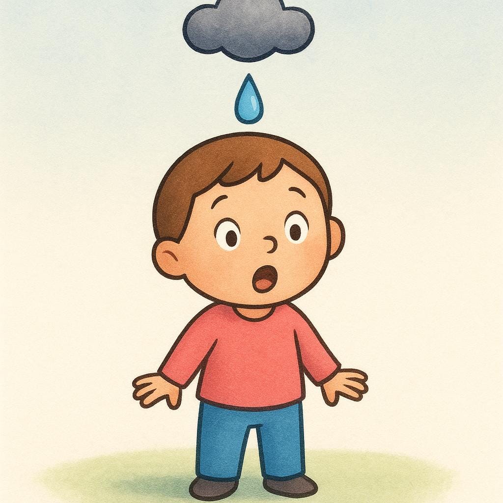 A surprised small figure standing under a tiny, sudden rain cloud that is pouring a single drop of rain onto them, symbolizing an occurrence.