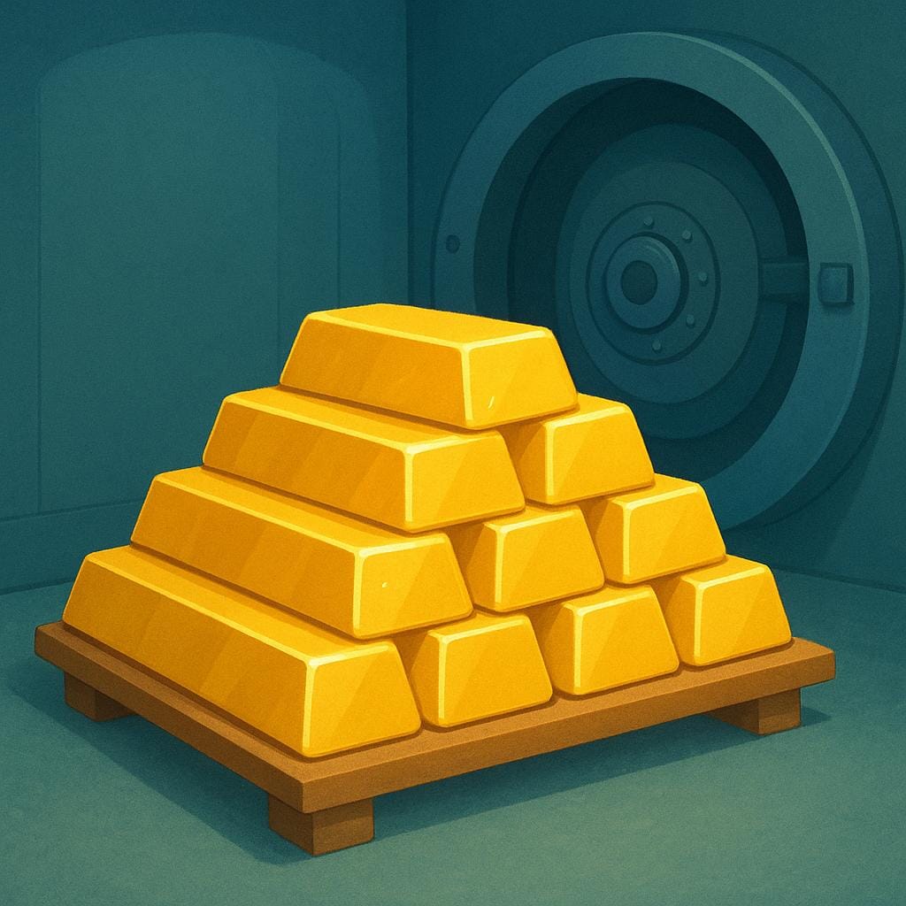 A large, neatly stacked pile of shiny gold bars stored securely inside a vault.