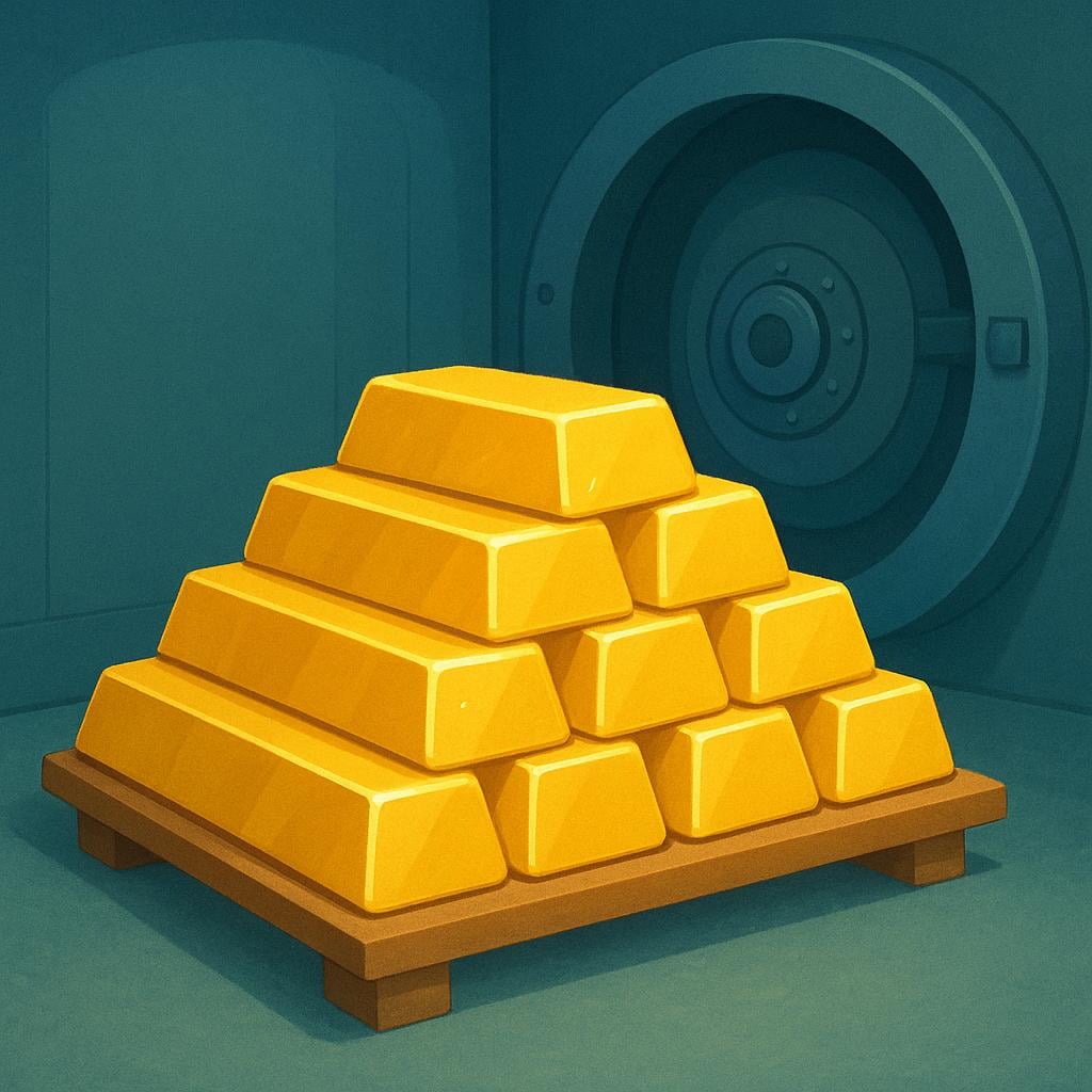 A large, neatly stacked pile of shiny gold bars stored securely inside a vault.