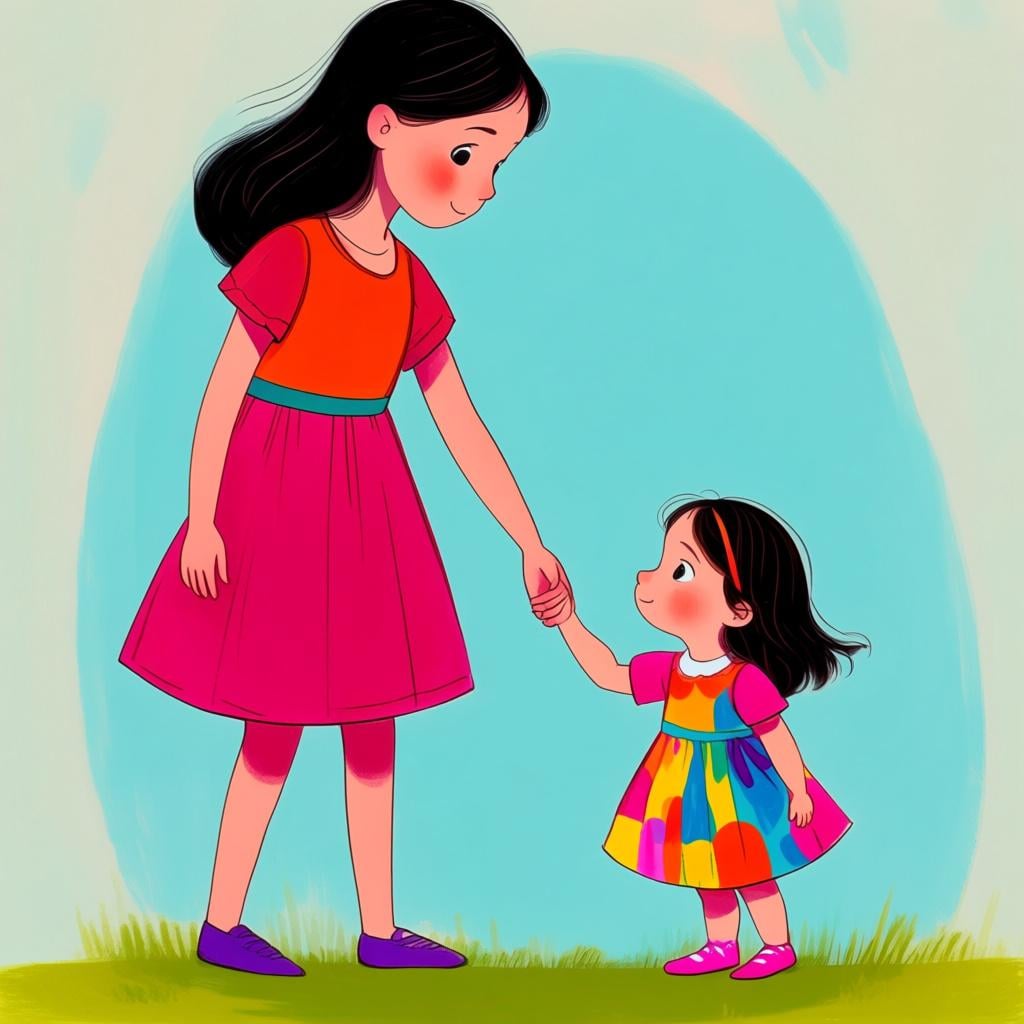 A tall teenage girl gently holding the hand of a very small, young girl, representing the concept of being younger or a little sister.