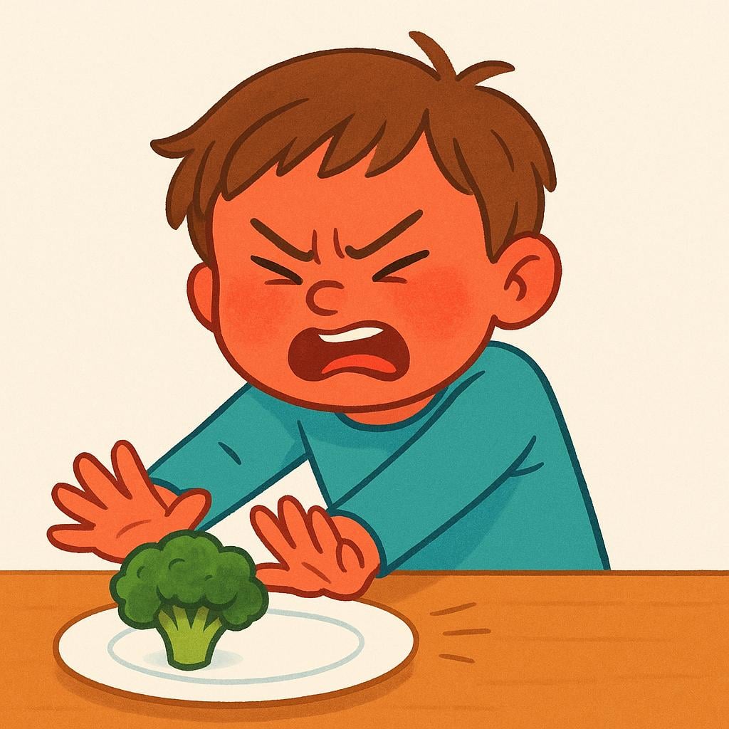 A colorful storybook illustration of a young child with a furious, red face and furrowed brow, fiercely pushing a large piece of broccoli off their dinner plate with an outstretched hand, symbolizing intense dislike.