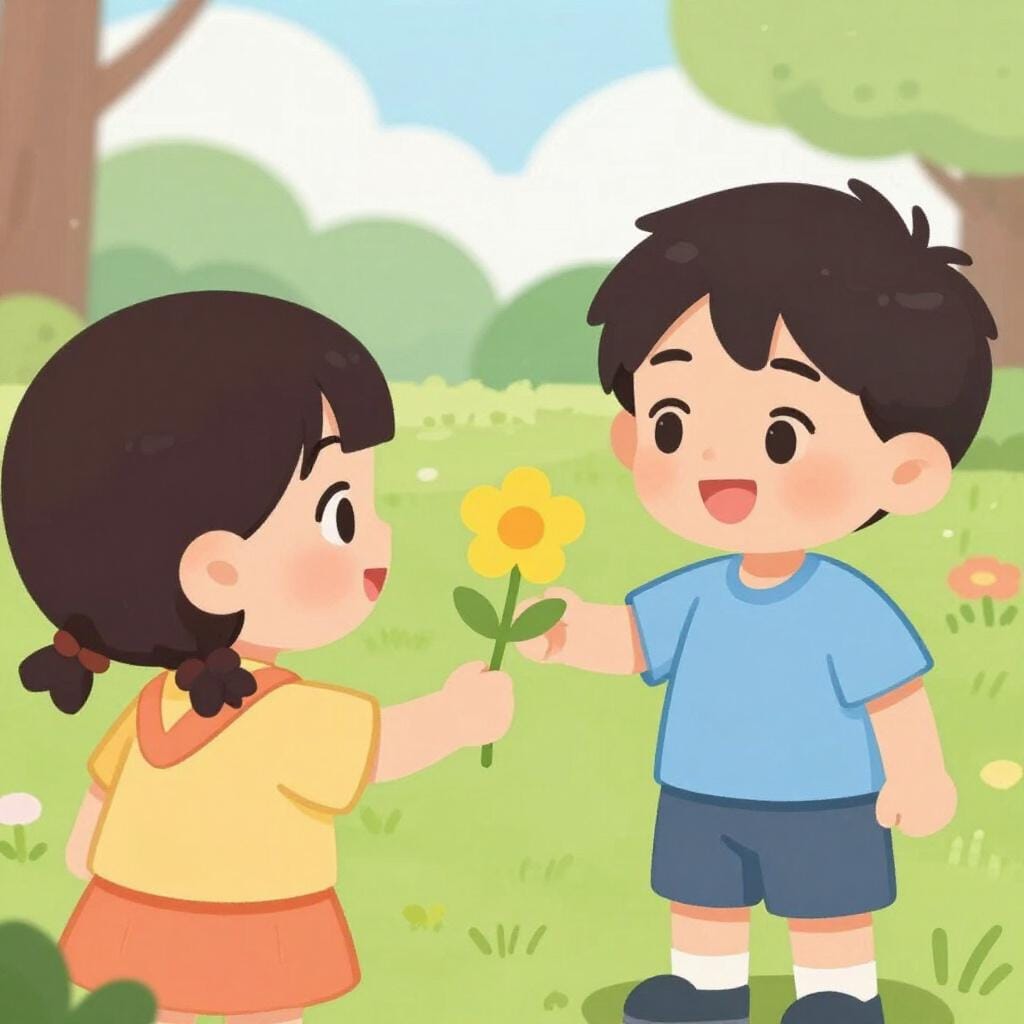 Uma criança entregando uma flor amarela brilhante a um amigo com ar triste, que começa a sorrir.