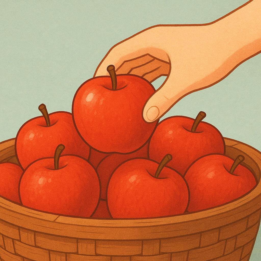 Een hand zweeft boven een mand met rode appels en kiest één specifieke appel.