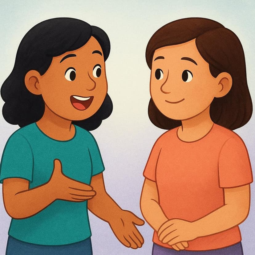 A colorful storybook illustration of two simple figures sitting on a bench; one figure is leaning forward, actively speaking with an open mouth and a gesture toward the other figure, who is listening intently.