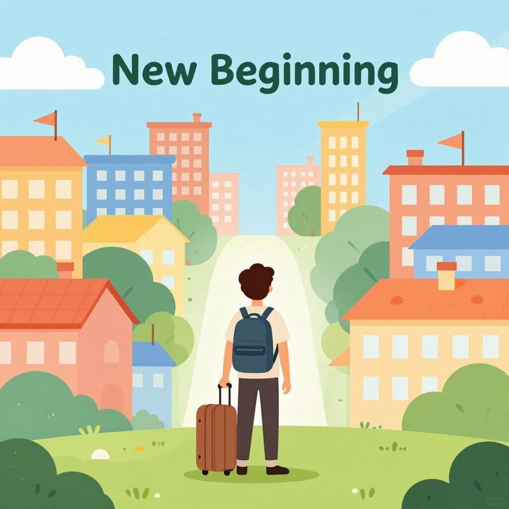 A person with a backpack and a suitcase standing in front of a colorful cityscape, looking toward their new home.