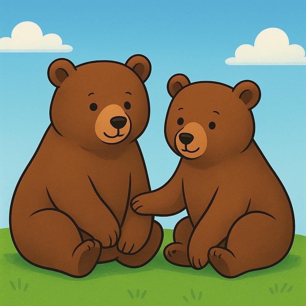 Two friendly brown bears sitting side-by-side on a bright green grassy hill.