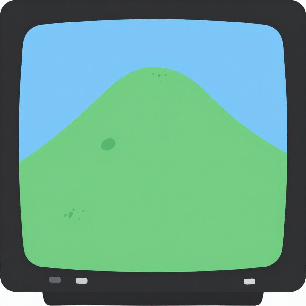 A television screen showing a landscape with small speech bubbles at the bottom representing dialogue.