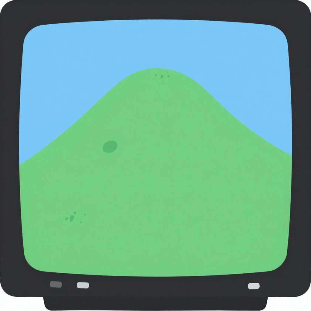 A television screen showing a landscape with small speech bubbles at the bottom representing dialogue.