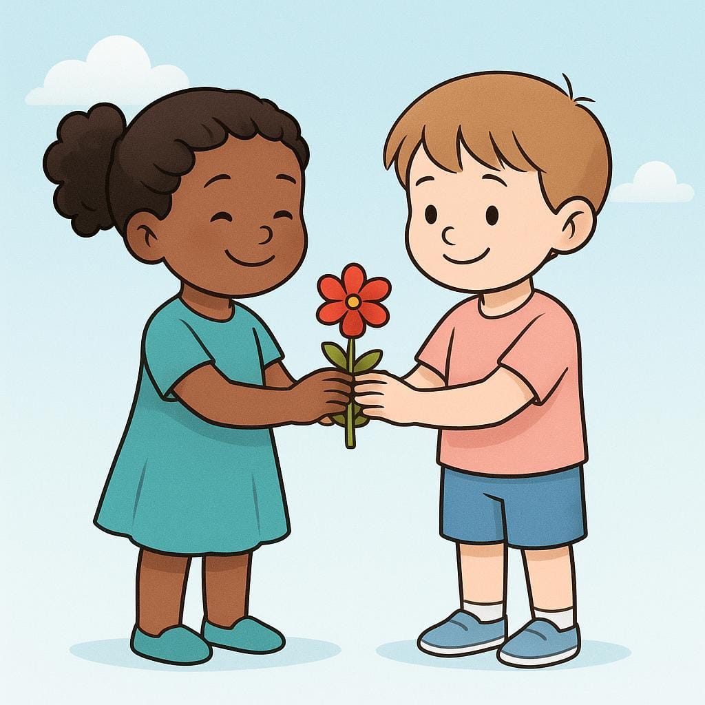 A simple colorful illustration showing two smiling children. One child is handing a single bright red flower to the other child as an act of kindness.