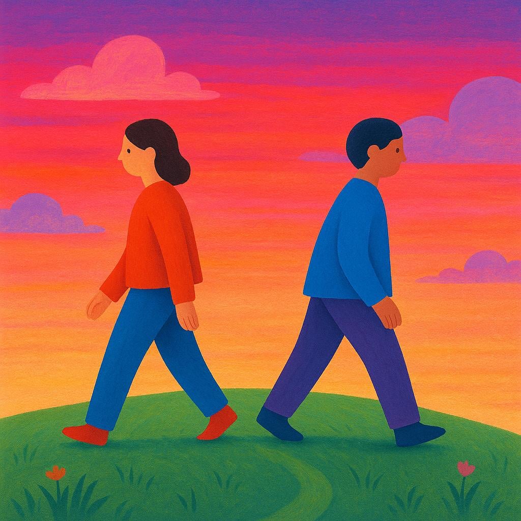 Two simplified human figures standing on a grassy hill, turning their backs to each other and walking away in opposite directions.