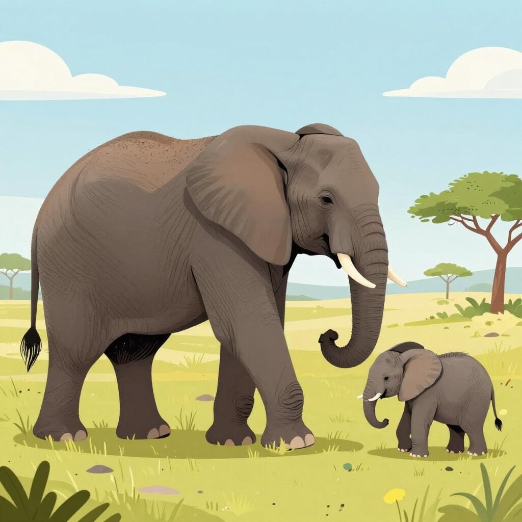 Un elefante anziano che guida con calma un elefante più giovane nell'erba alta.