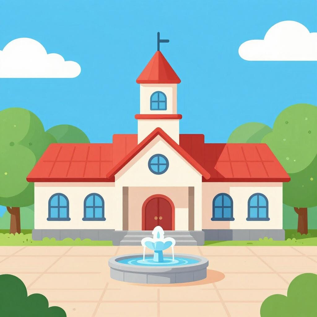 A colorful town hall building in a sunny town square with a small fountain and green trees.