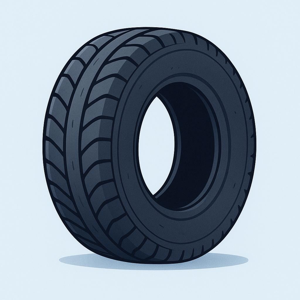 A thick, black rubber tire standing upright, showing its tread pattern.