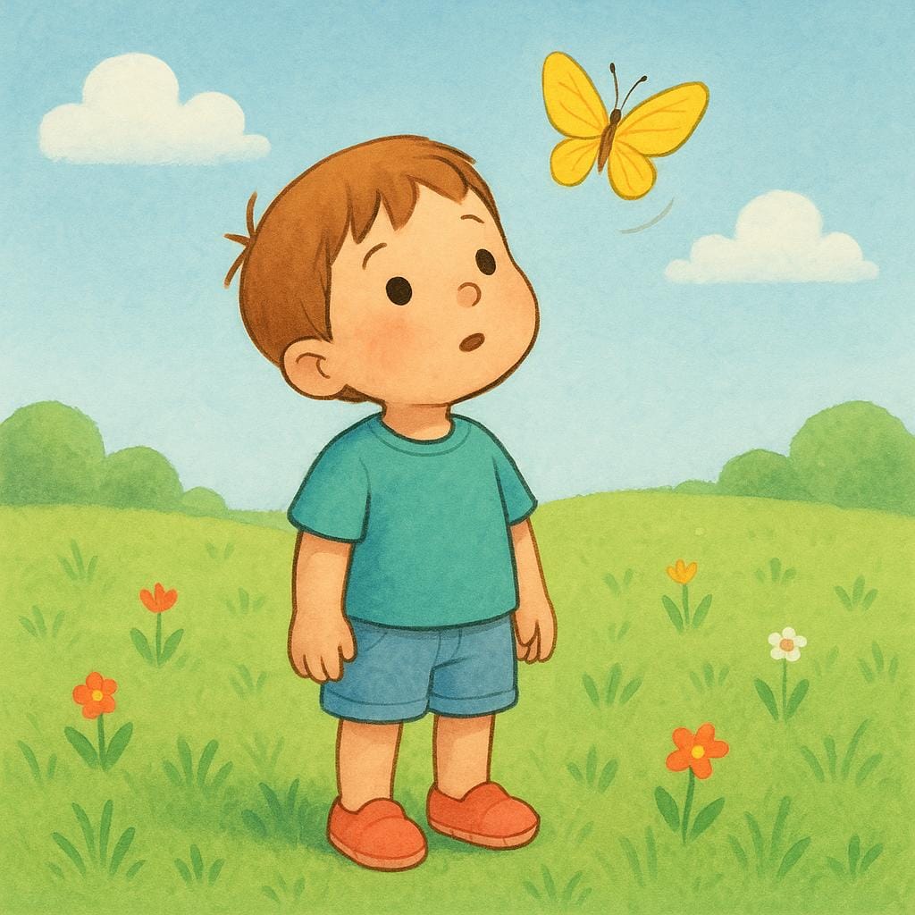 芝生の野外に立つ幼い子供が、頭のすぐ上を漂う明るい黄色の蝶に集中した視線を向けて見上げている。