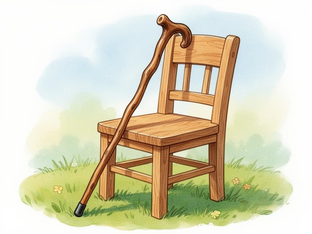 A polished wooden walking stick with a curved handle standing upright.