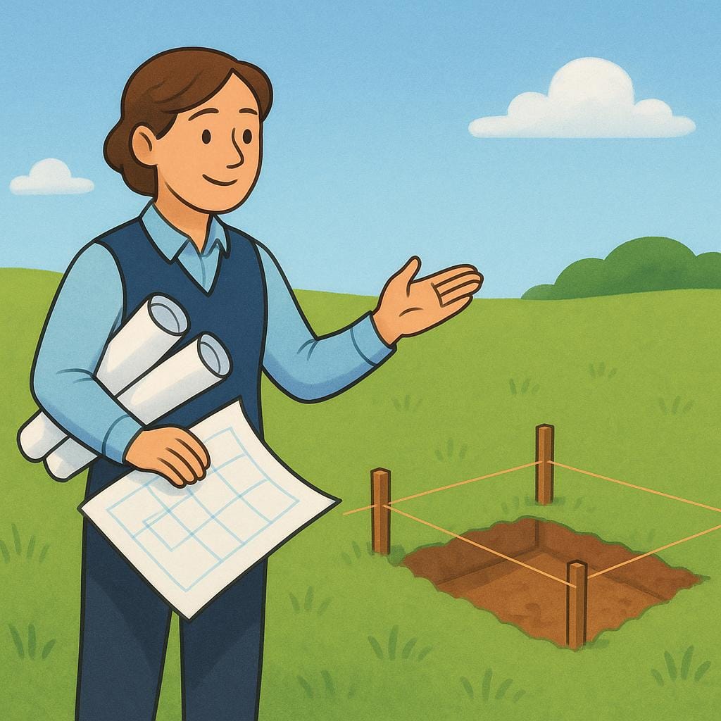 Um arquiteto e um mestre de obras estão em um campo verde ensolarado, segurando plantas e apontando para o canto da fundação recém-estacado onde um novo edifício será estabelecido.