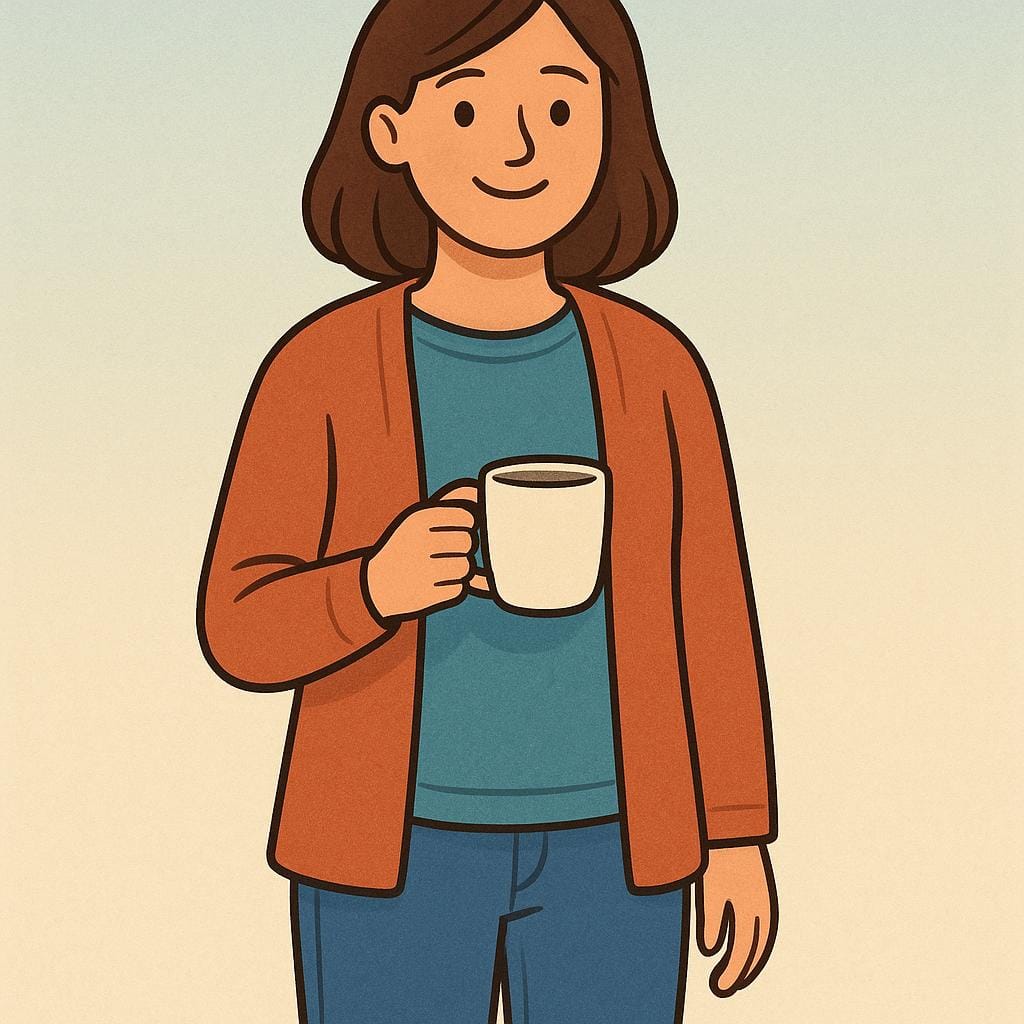 Una giovane donna vestita in modo casual in piedi e sorridente, tenendo in mano una tazza di caffè.