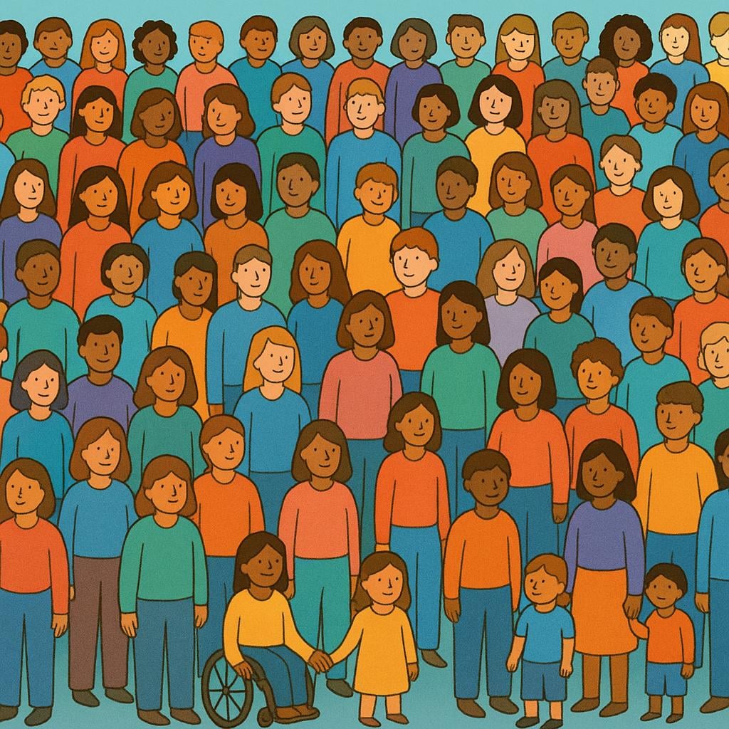 A colorful illustration showing a large, diverse crowd of stylized people standing close together, filling the frame, representing a total number of inhabitants.