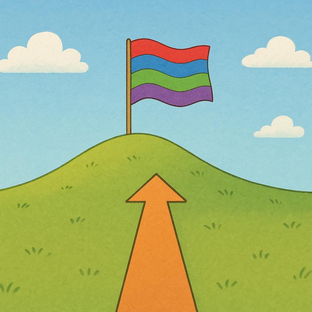 A colorful illustration showing a long, straight path symbolized by an arrow pointing toward a large flag planted on a green hill, representing a goal or plan.