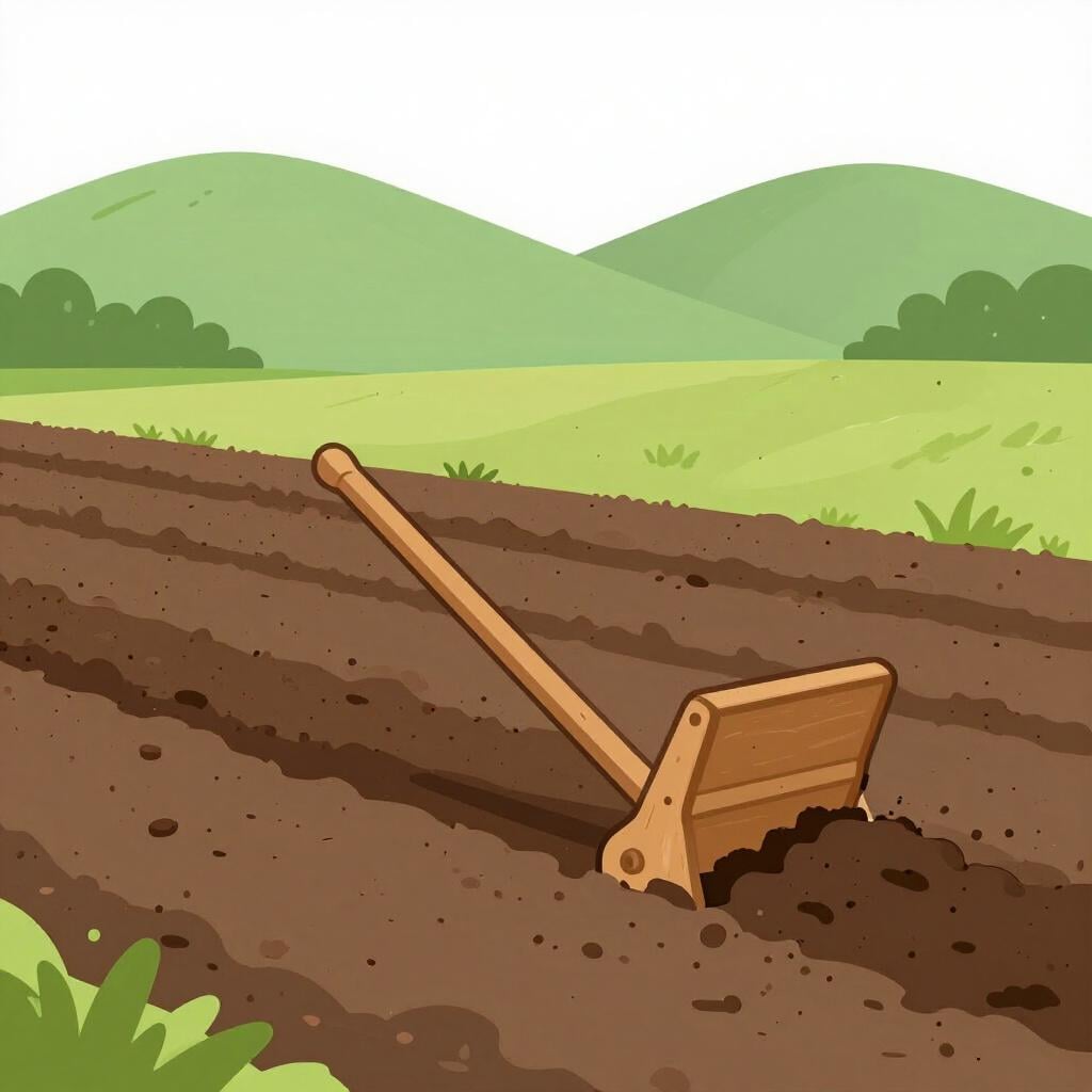 Ein hölzerner Pflug, der fruchtbaren braunen Boden auf einem Feld umpflügt.