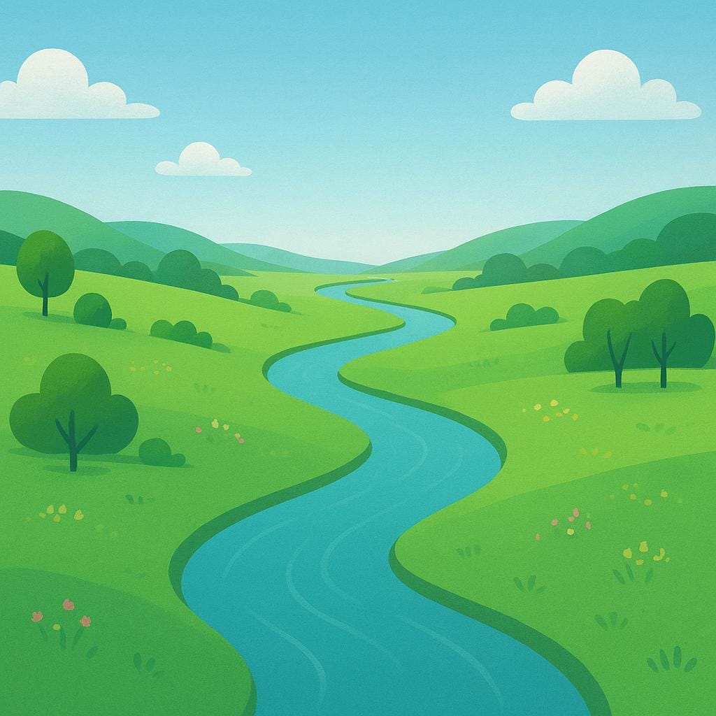 A simple winding river flowing through a lush green landscape toward a distant horizon, implying perpetual motion and never-ending existence.