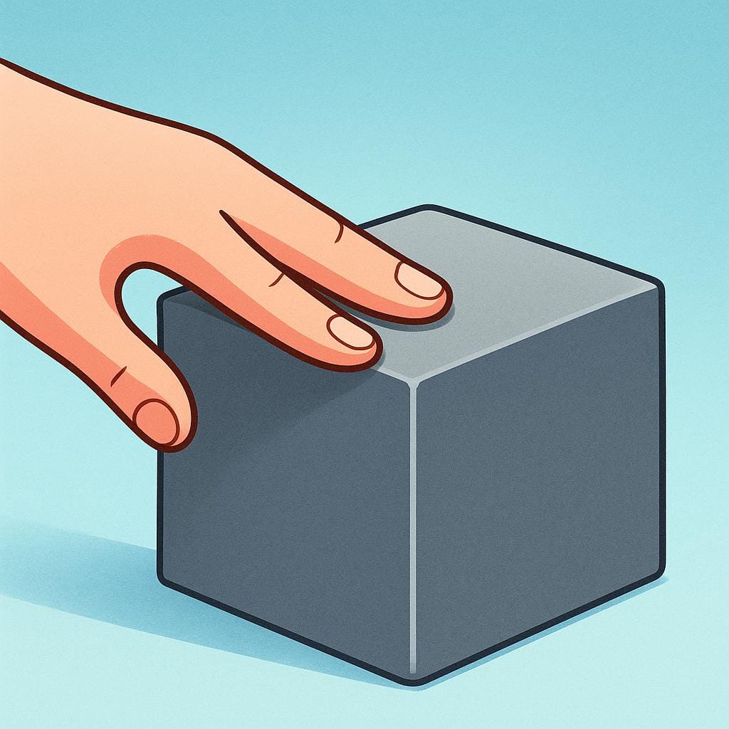 A colorful storybook illustration of a hand gently touching a large, solid, gray stone cube, emphasizing its physical and tangible nature.