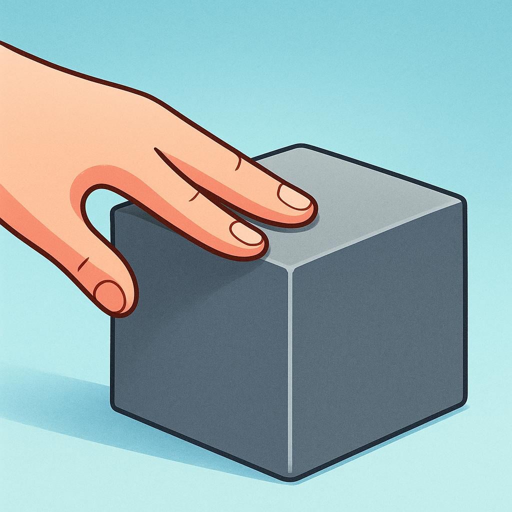 A colorful storybook illustration of a hand gently touching a large, solid, gray stone cube, emphasizing its physical and tangible nature.