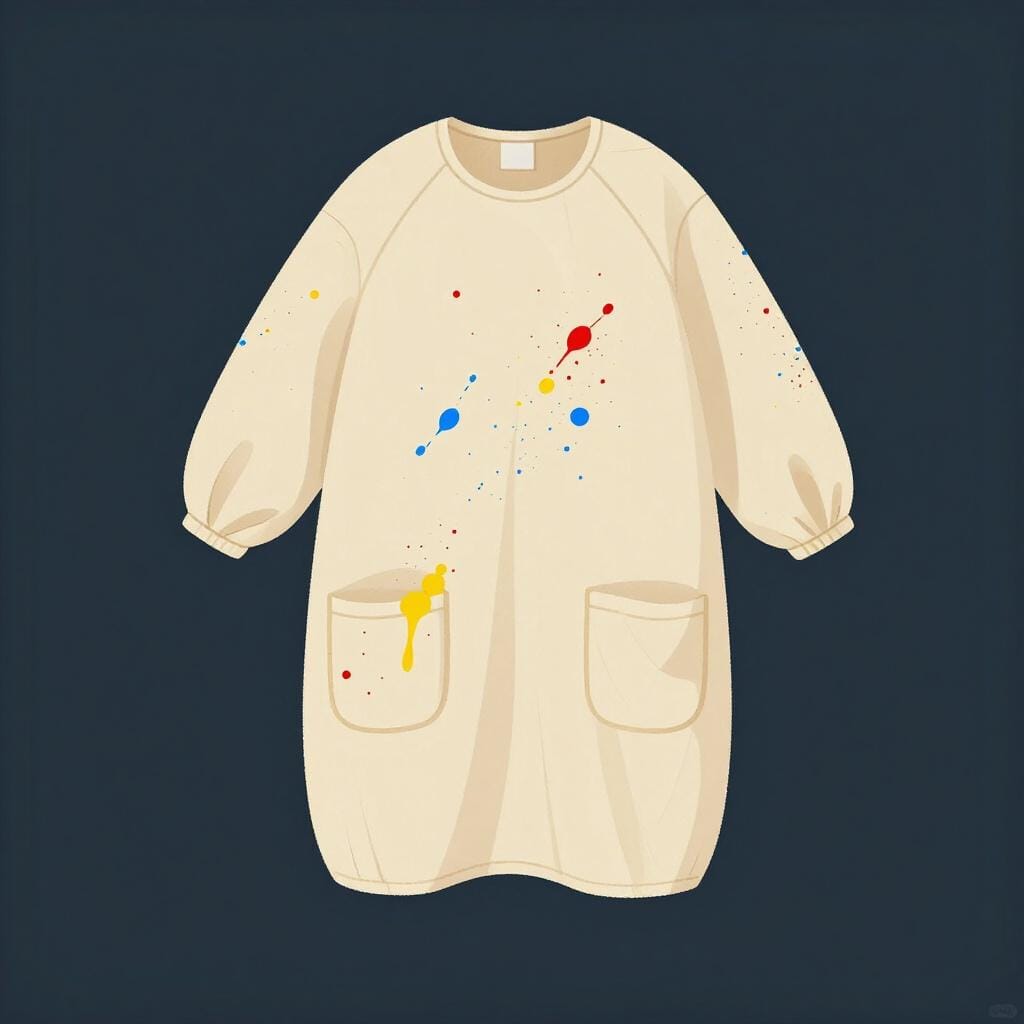 A long, loose artist's smock covered in colorful paint splatters.