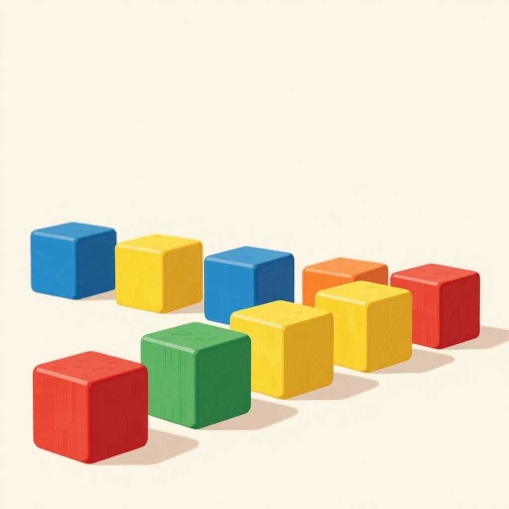 A row of identical colorful toy blocks lined up one after another in a straight line.