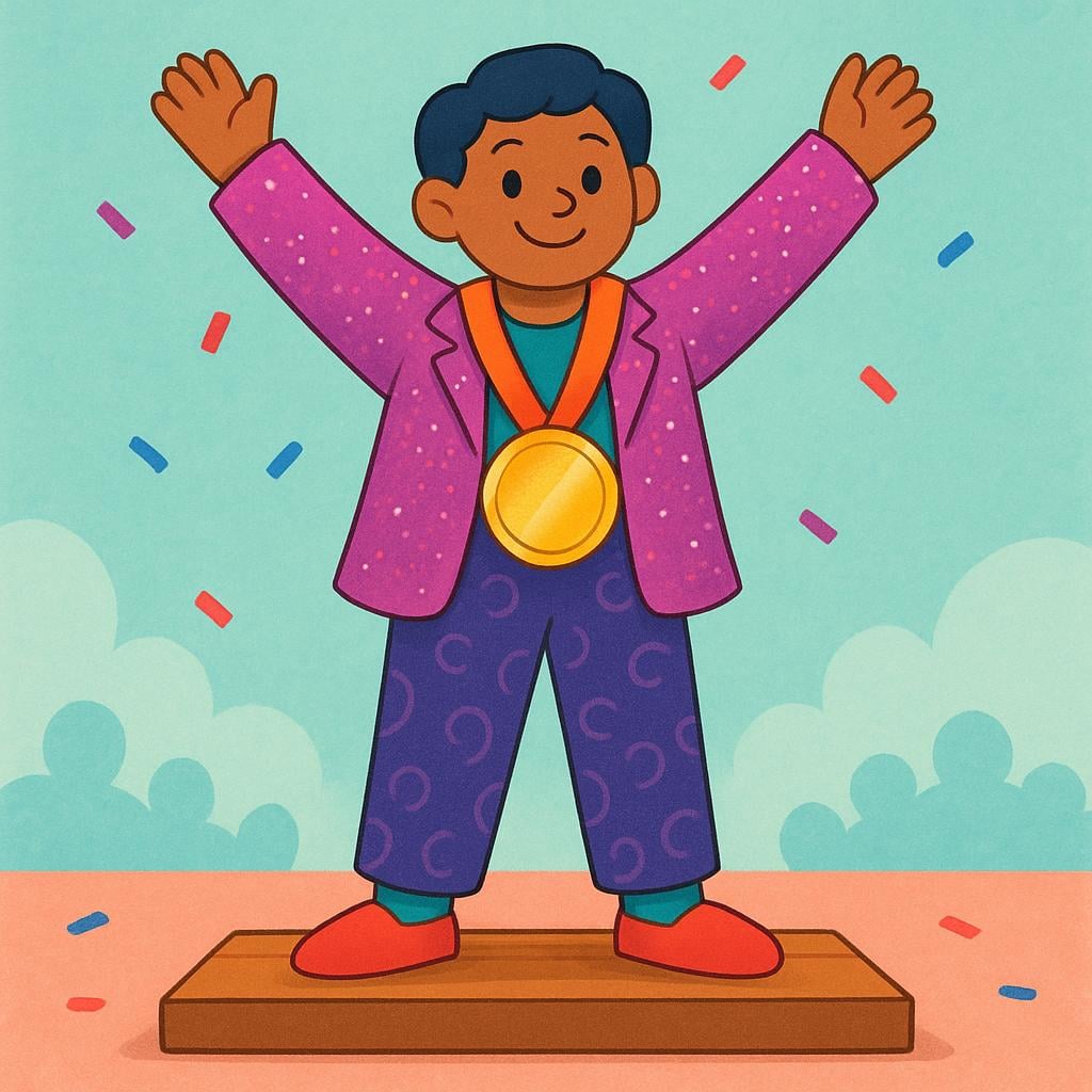 A brightly dressed figure standing on a small stage, proudly displaying a large, shiny gold medal and smiling boastfully.