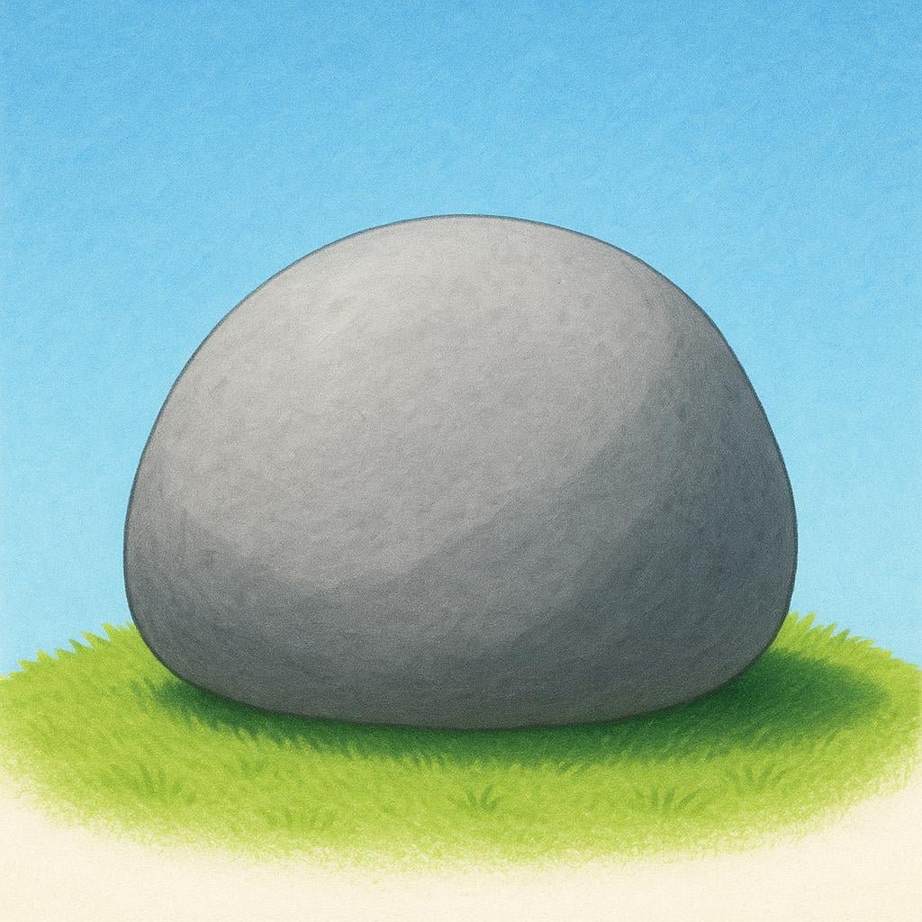 A large, smooth, gray boulder resting on a patch of green grass under a clear blue sky.