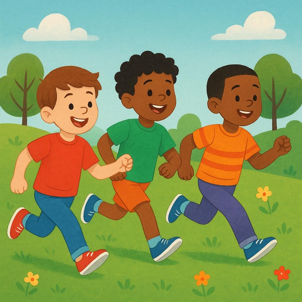 A simple illustration showing three young boys running and laughing in a sunny park.