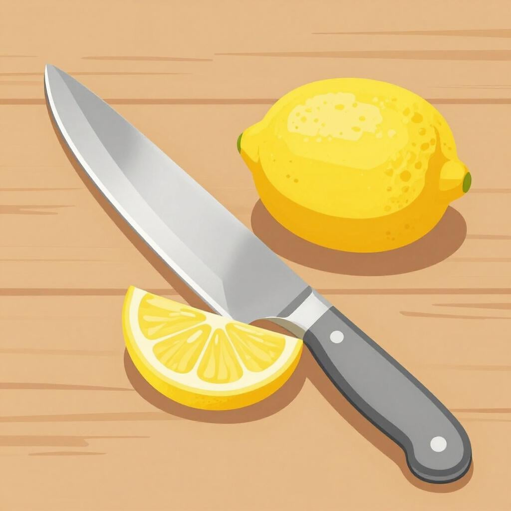 A shiny, sharp metal chef's knife resting on a wooden cutting board next to a sliced lemon.