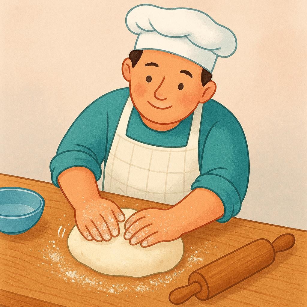 A baker demonstrating how to knead dough on a wooden counter, explaining a process.