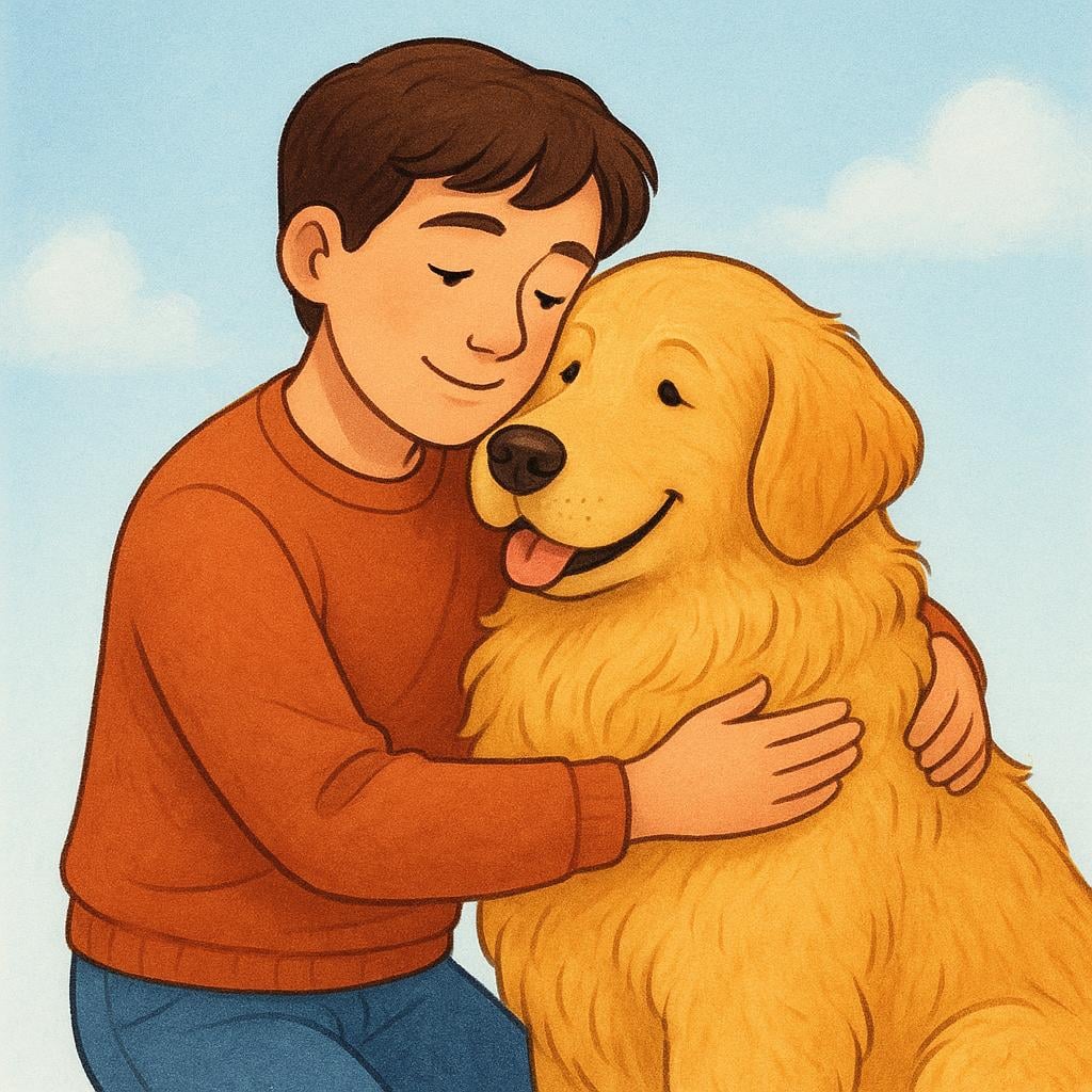 A young person gently hugging a large, fluffy golden retriever dog with a soft, affectionate expression, symbolizing 'I loved'.
