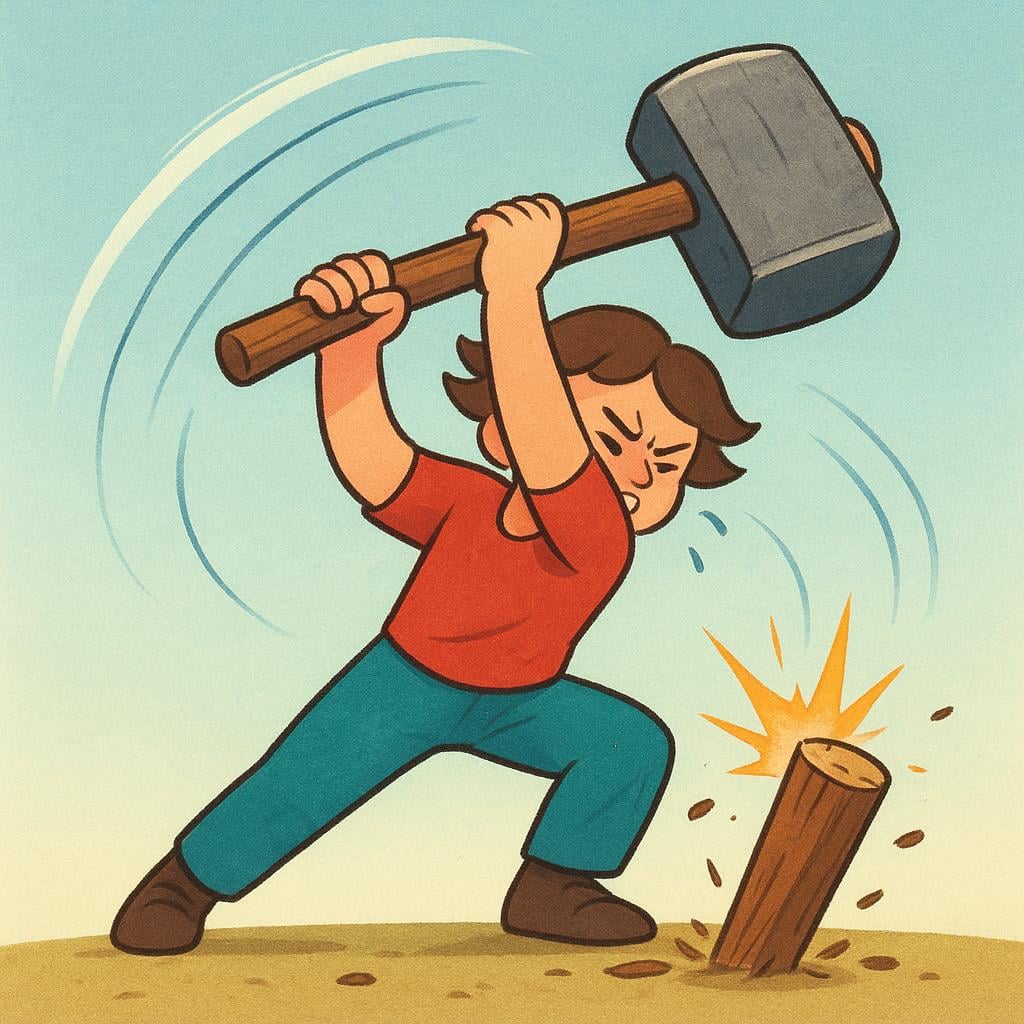 A construction worker figure, sweating slightly, is vigorously swinging a large hammer downwards onto a wooden stake, illustrating great effort.