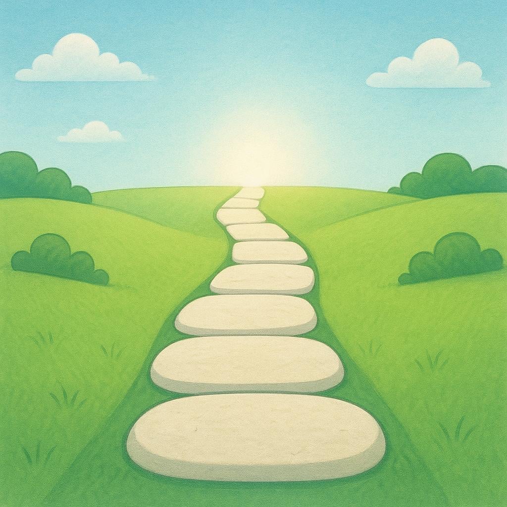 A wide, clear, stone path leading straight through a simple, green landscape toward a distant, glowing source of light, symbolizing a guiding ethical system.