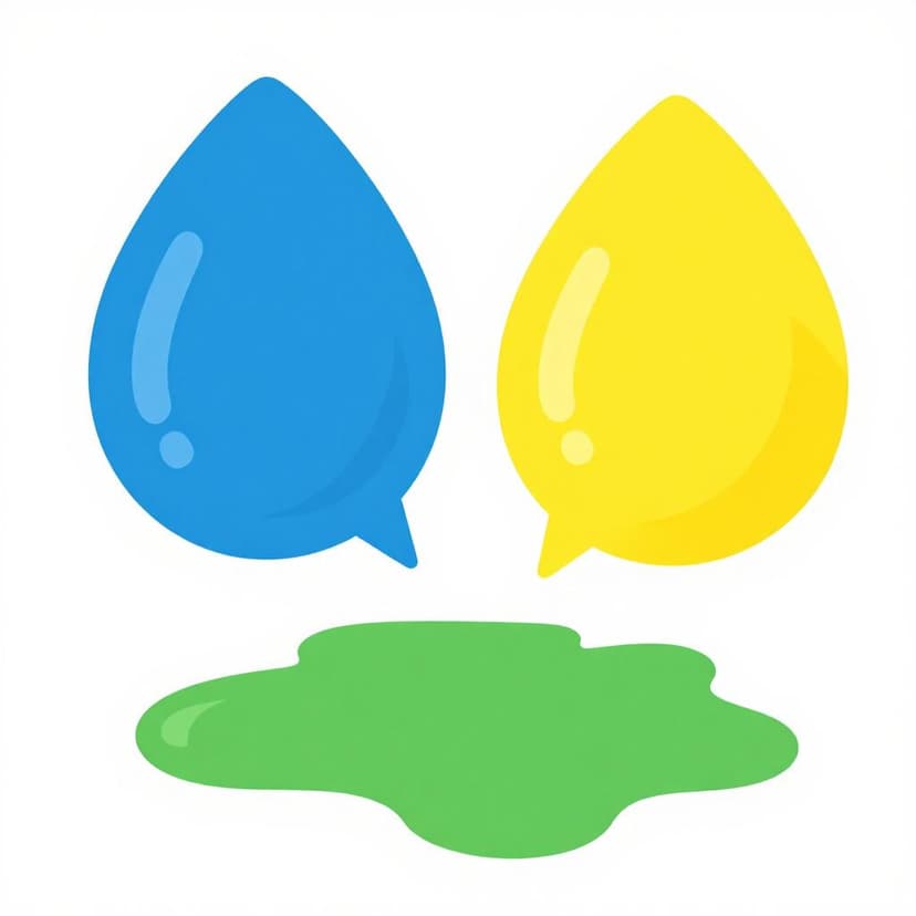 Deux gouttes de liquide de couleurs différentes, l'une bleue et l'autre jaune, se mélangeant pour former une seule piscine verte.