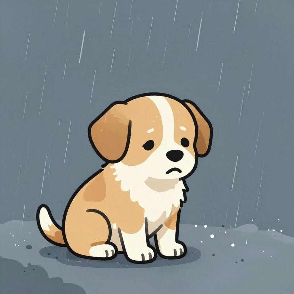 A sad, shivering puppy left outside in a heavy rainstorm with no shelter.