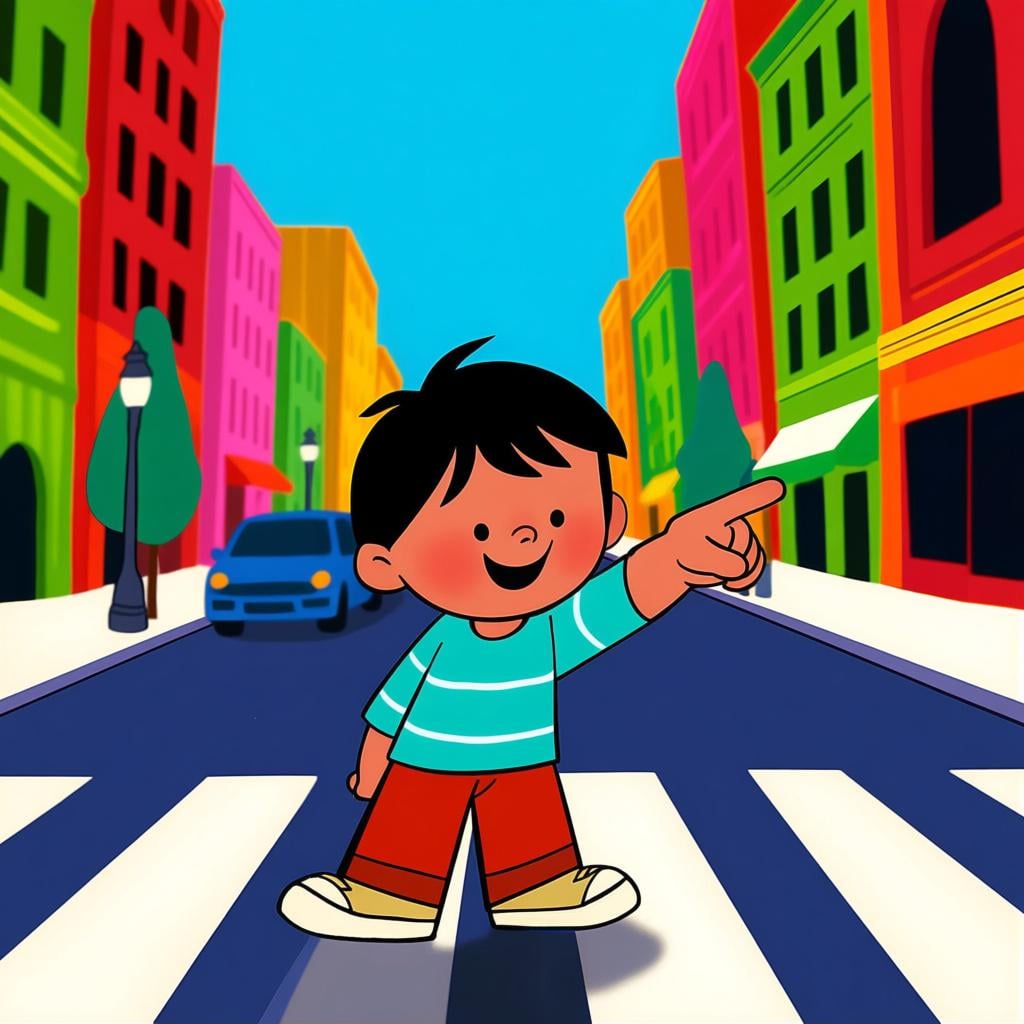 A child confidently pointing down a colorful, busy street, indicating they know the way.