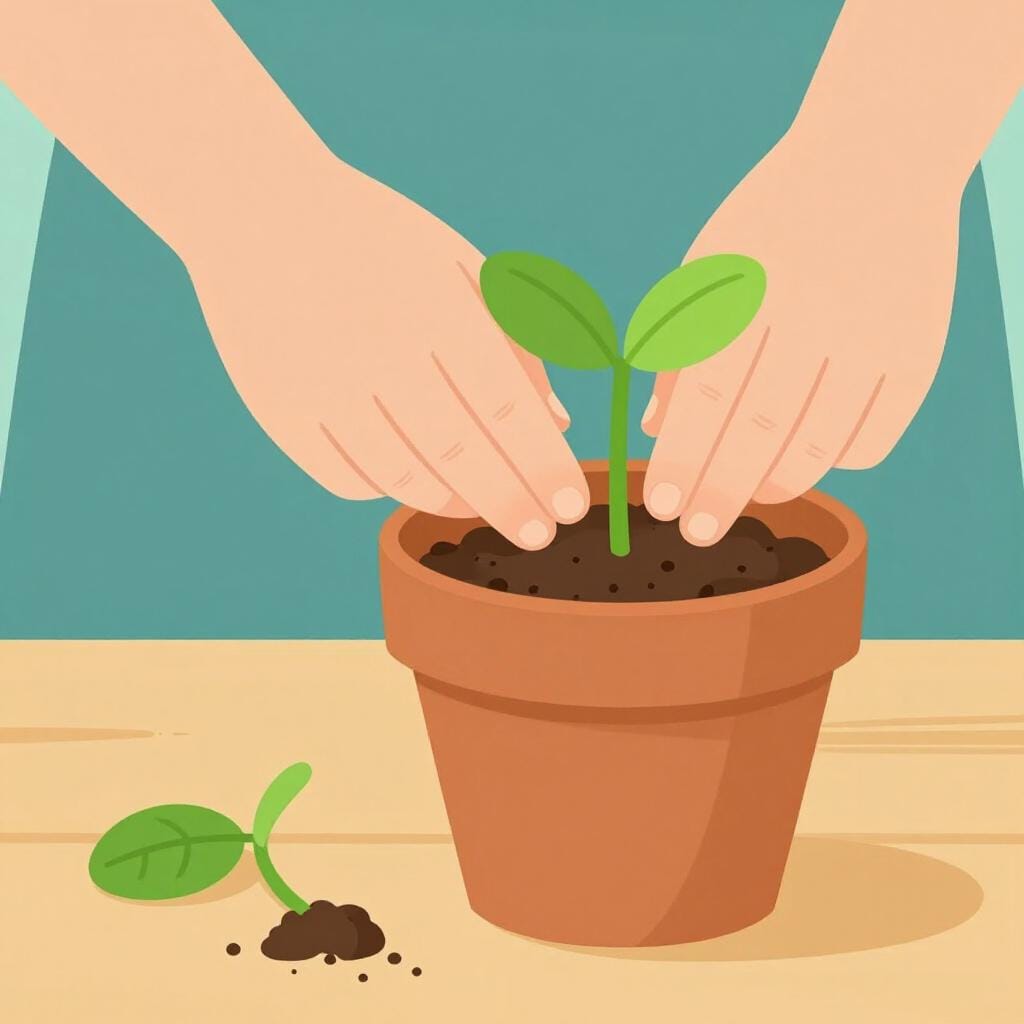 A pair of hands carefully putting a fresh, green plant into a ceramic pot to replace a withered one.