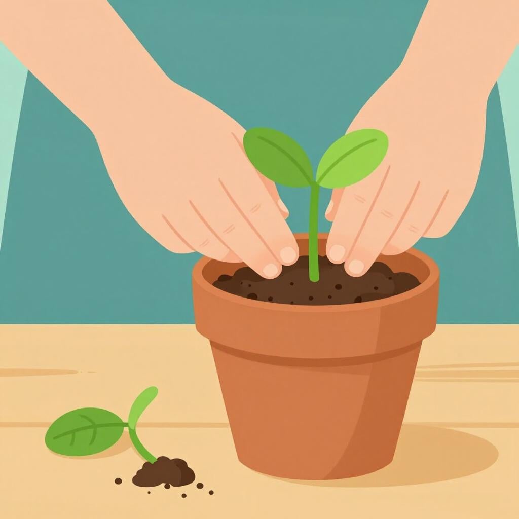 A pair of hands carefully putting a fresh, green plant into a ceramic pot to replace a withered one.