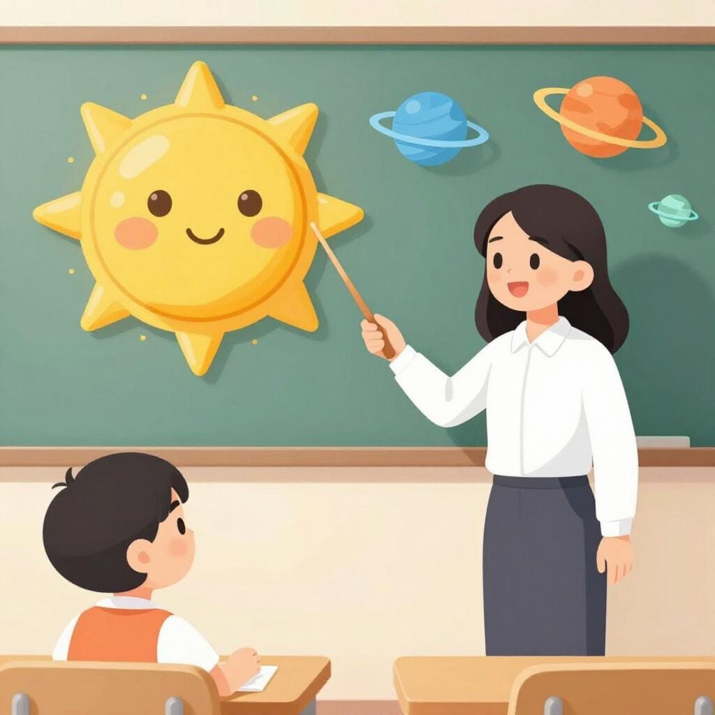 친절한 선생님이 돋보기를 사용하여 호기심 많은 학생에게 다채로운 태양계를 보여주고 있습니다.