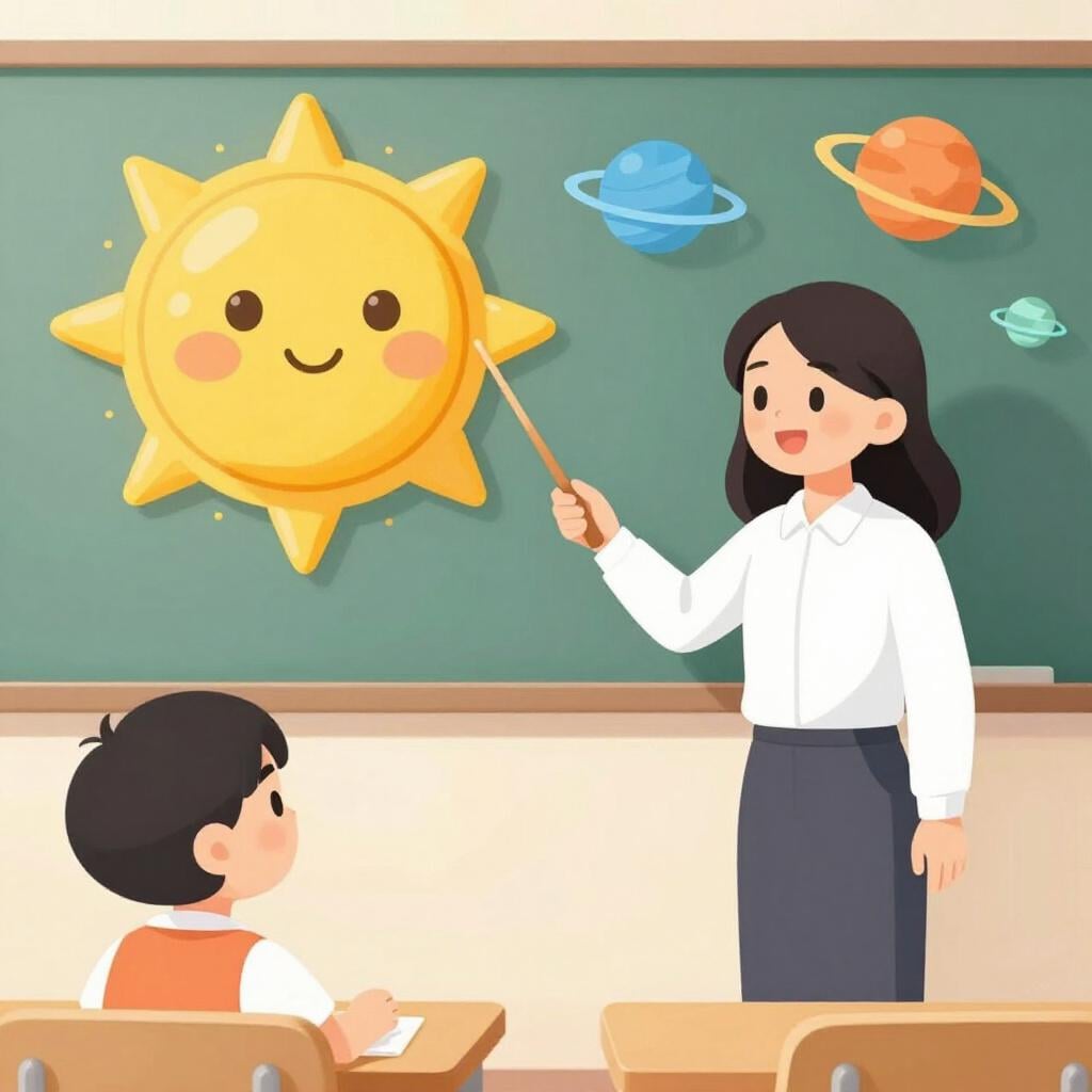 A friendly teacher using a pointer to show a colorful solar system to a curious student.