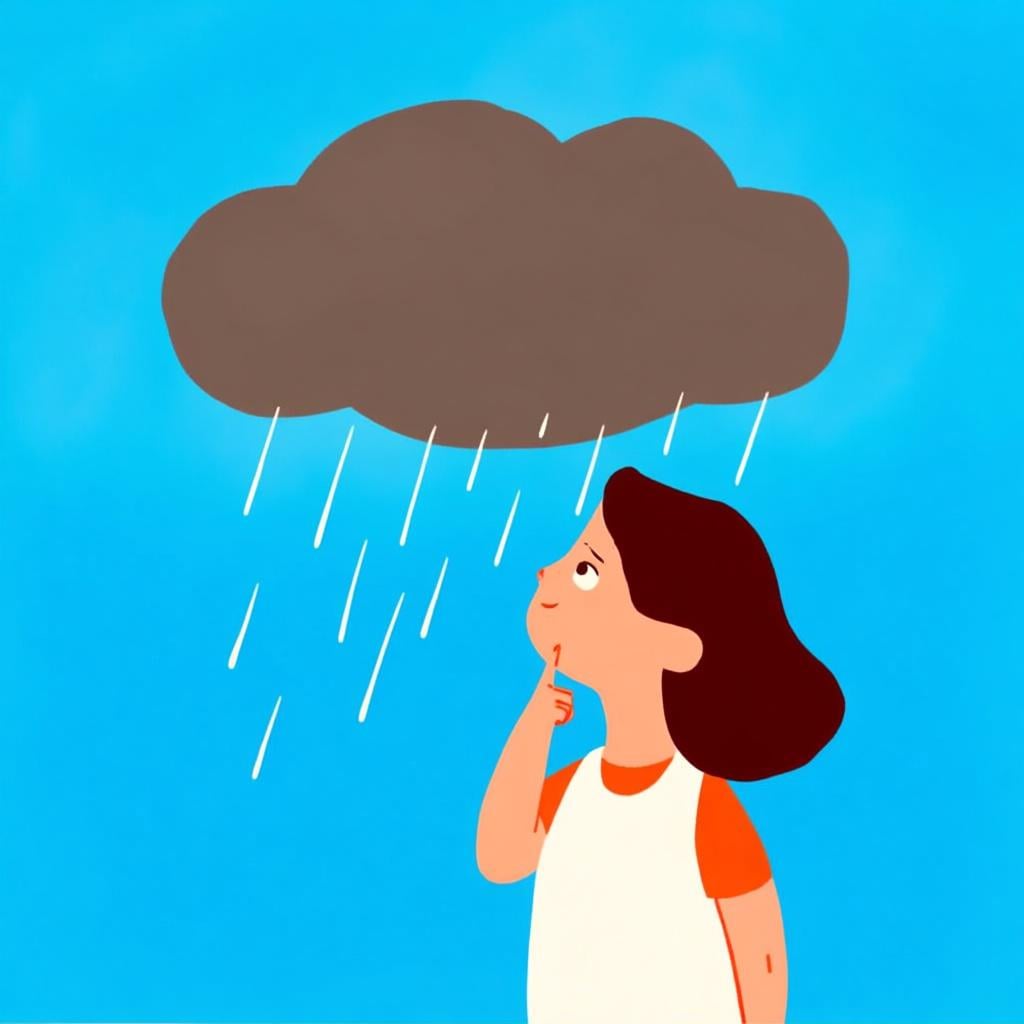 A woman standing outside, looking up at a large, dark rain cloud with a thoughtful expression, expressing her opinion about the weather.
