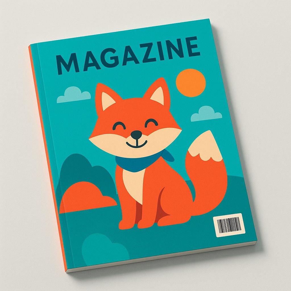 A colorful, glossy magazine lying slightly open, showing a simple illustration on its cover, representing a periodical publication.